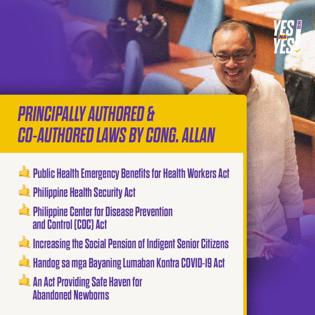 Allan Reyes smiling in session with list of laws he authored and co-authored.