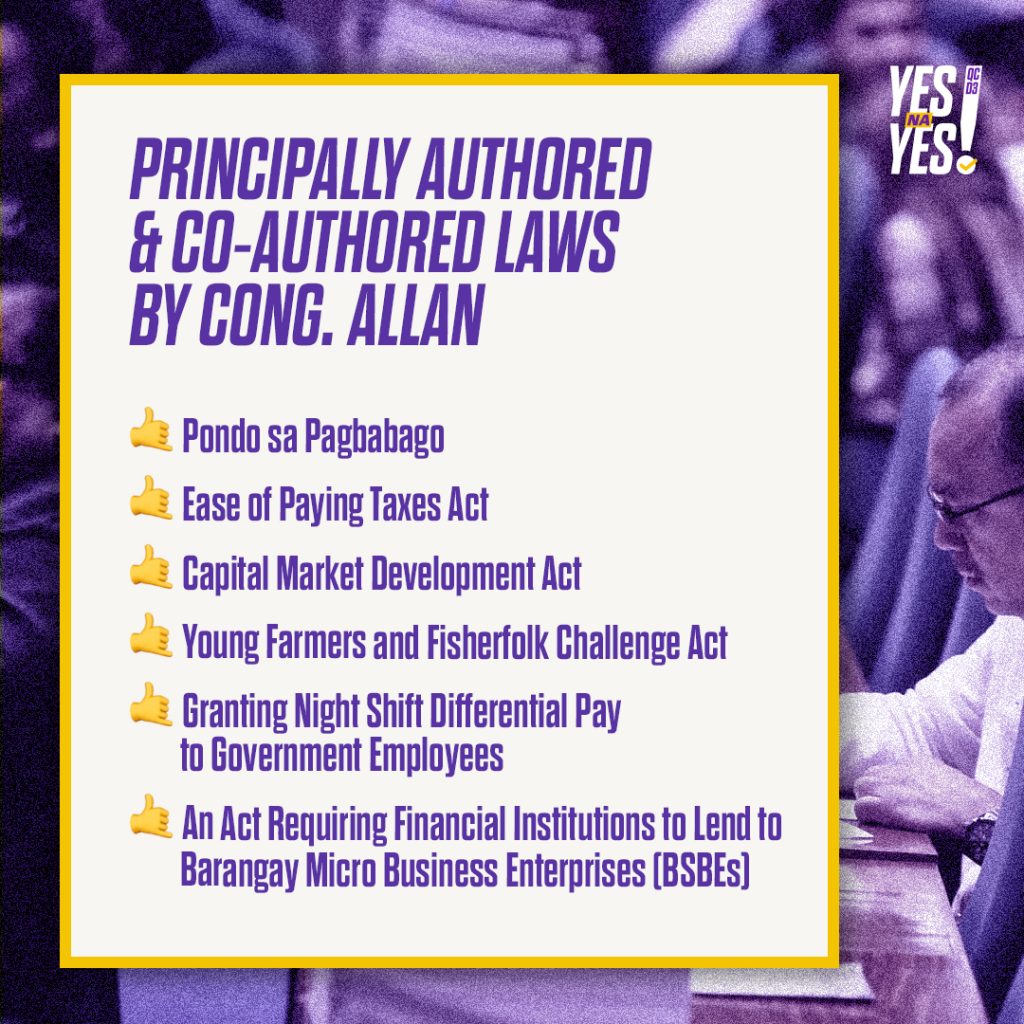 Allan Reyes at legislative session with a list of authored laws supporting farmers, MSMEs, and workers.vvv