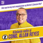 Portrait of Cong. Allan Reyes in yellow shirt with campaign text for Quezon City District 3.